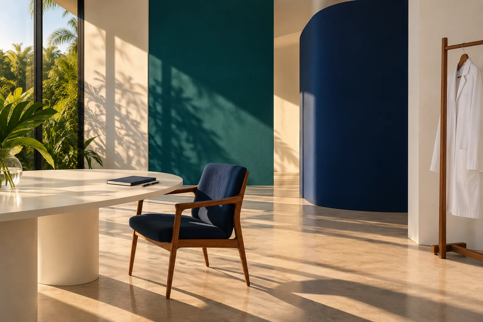 Consultório ilustrativo em arquitetura modernista, com poltrona azul e jaleco branco.